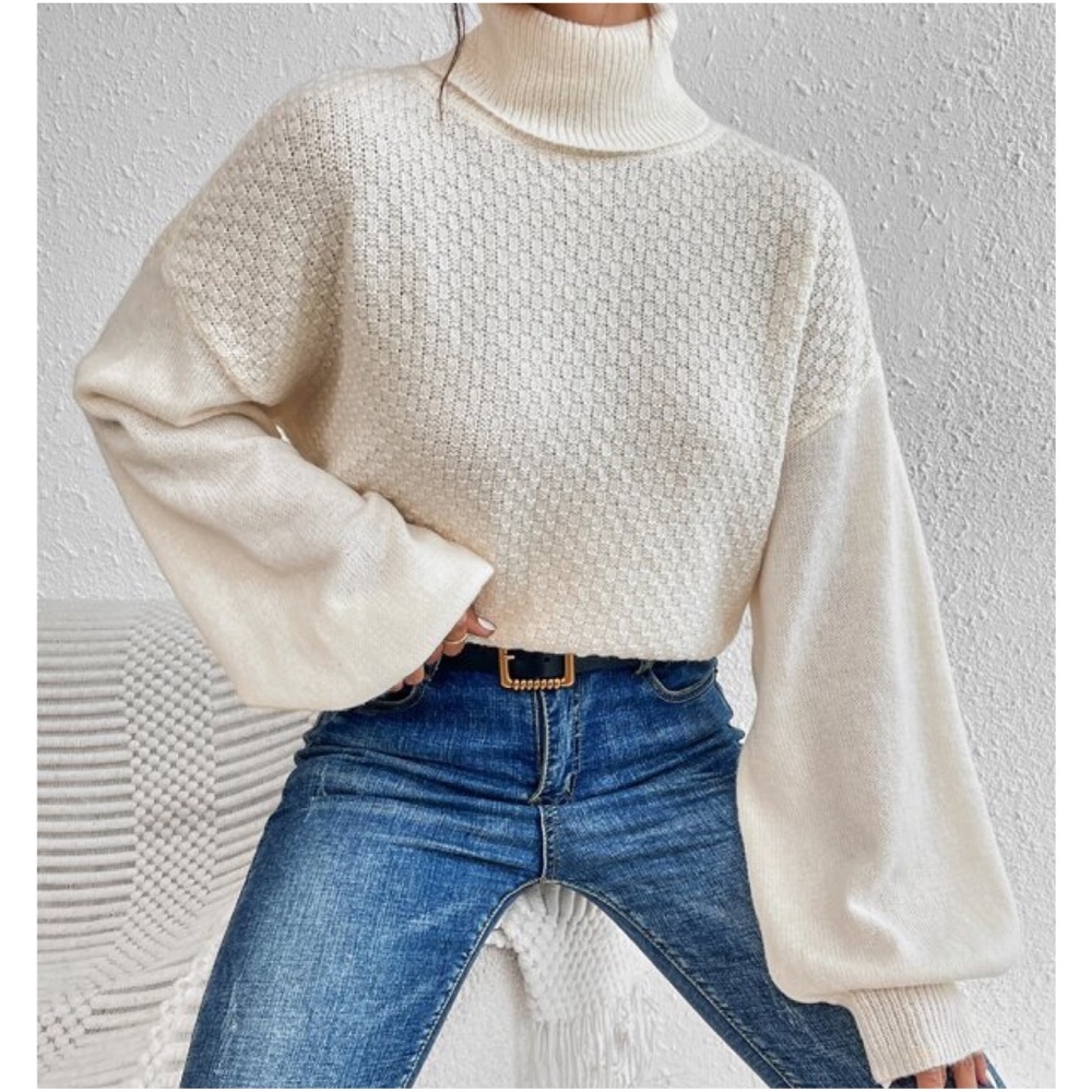 Cozy Turtleneck Reversible Balloon Sleeve Oversized Sweater - Picture 3 of 5